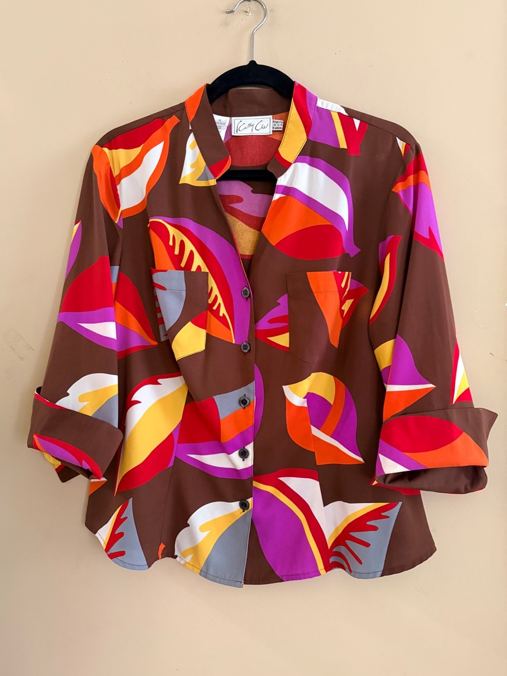 Vintage 90s Brown Abstract Floral Button-Down Shirt by Kathy Che size 14